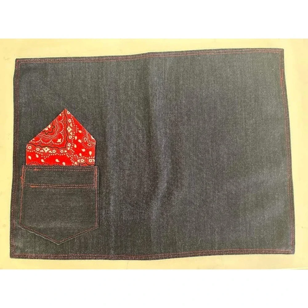 Set of 6 Denim Placemats with Red Bandana Pocket Napkin Indigo Blue Western